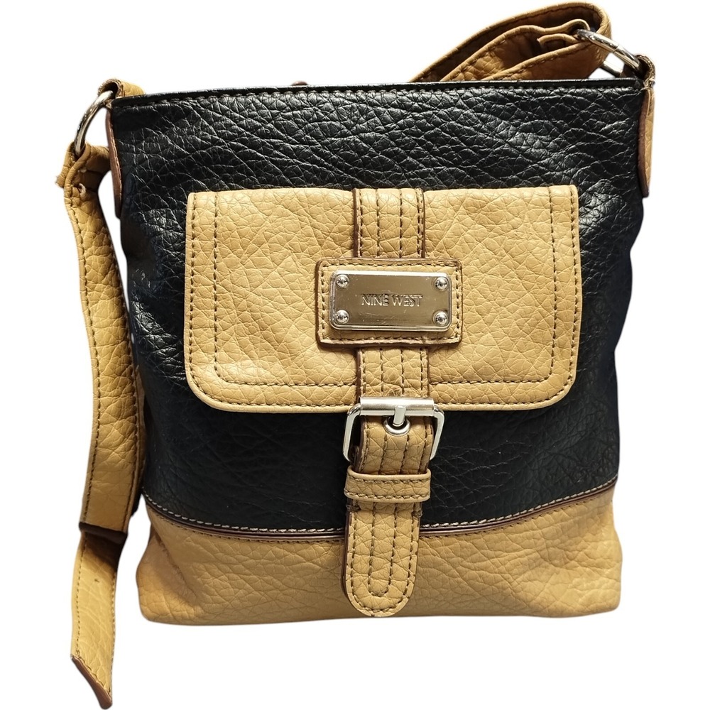 Nine West Crossbody Bag Womens Black Tan Two Tone Monogram Adjustable Straps